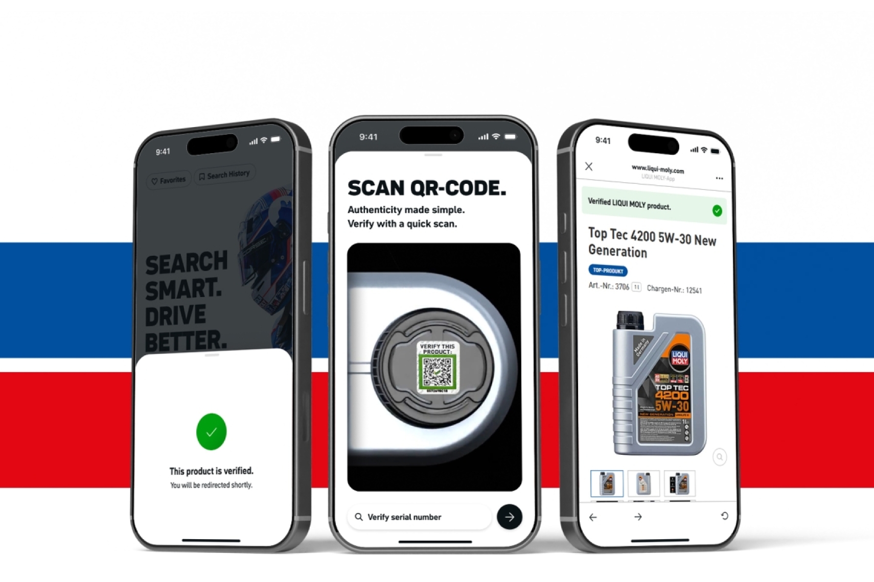 LIQUI MOLY QR verification app shown on smartphones confirming product authenticity for an oil canister.